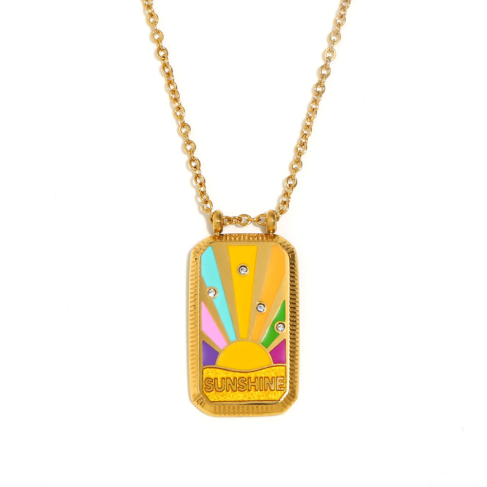 Ins Fashion Niche Geometric Square Retro Pendant Stainless Steel Plated 18K Gold Drop Oil Tarot Necklace Female