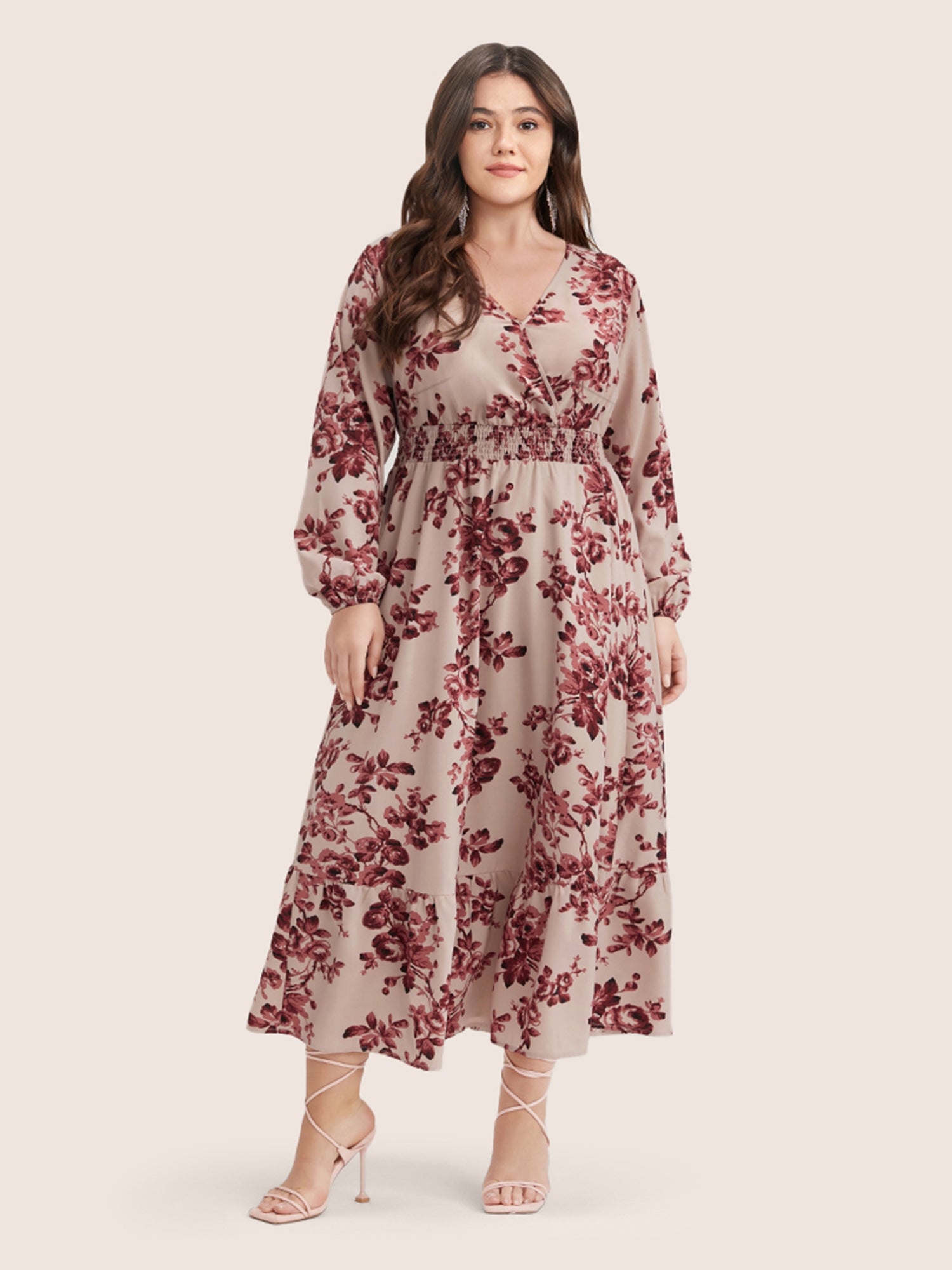 Floral Wrap Lantern Sleeve Pocket Shirred Ruffle Hem Dress