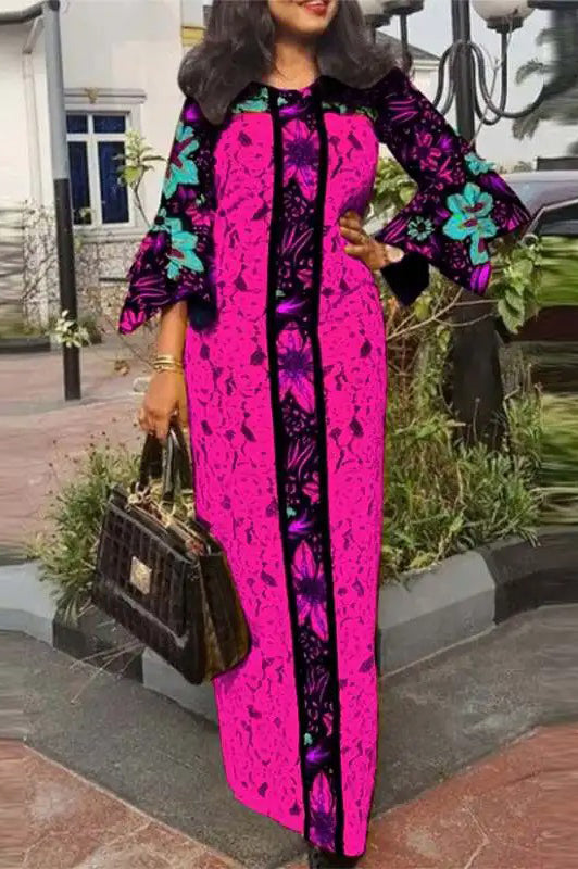 Vintage Casual Flare Sleeve Floral Printed Loose Maxi Dress