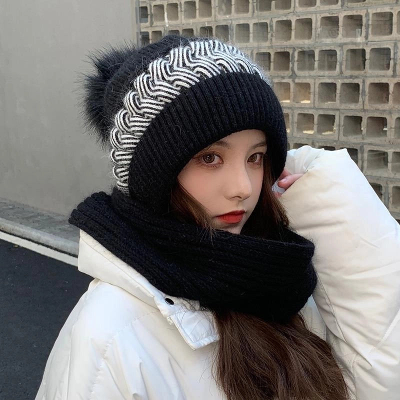 Hat Women's Autumn And Winter Korean-style Cute Knitted Hat Cold-proof Ear Protection Neck Protection Thickened Wool Hat Scarf -one Hat