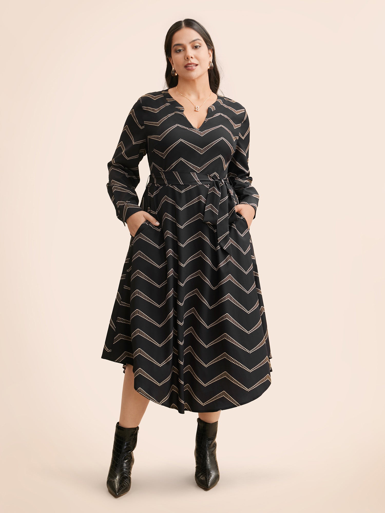 Geometric Notched Belted Midi Dress