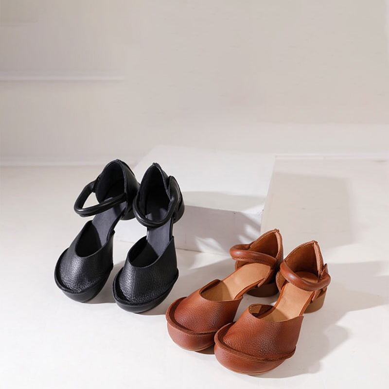 Retro Soft Leather Ankle Strappy Sandals Handmade Closed Toe in Brown/Black