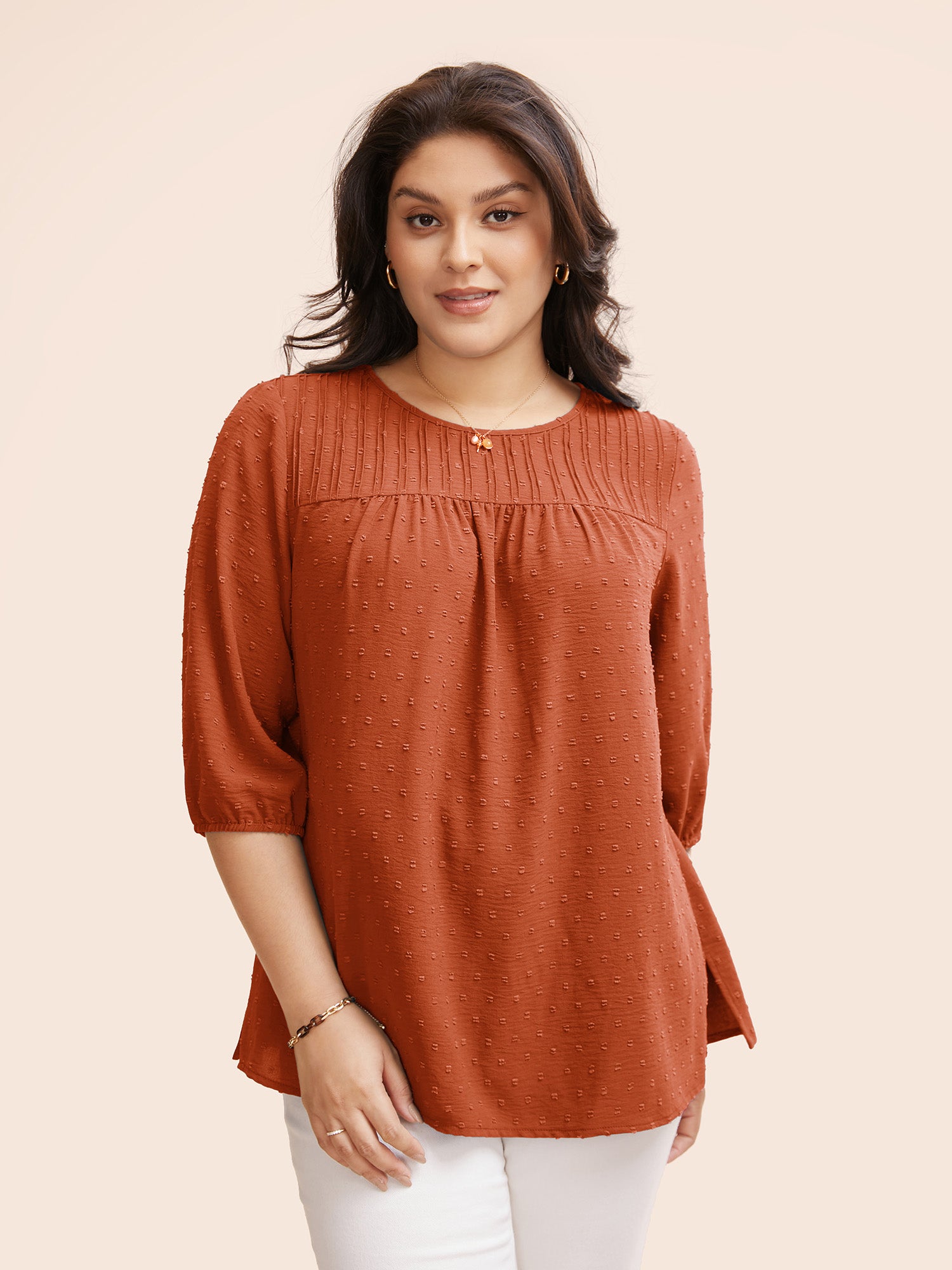 Texture Round Neck Pleated Lantern Sleeve Blouse