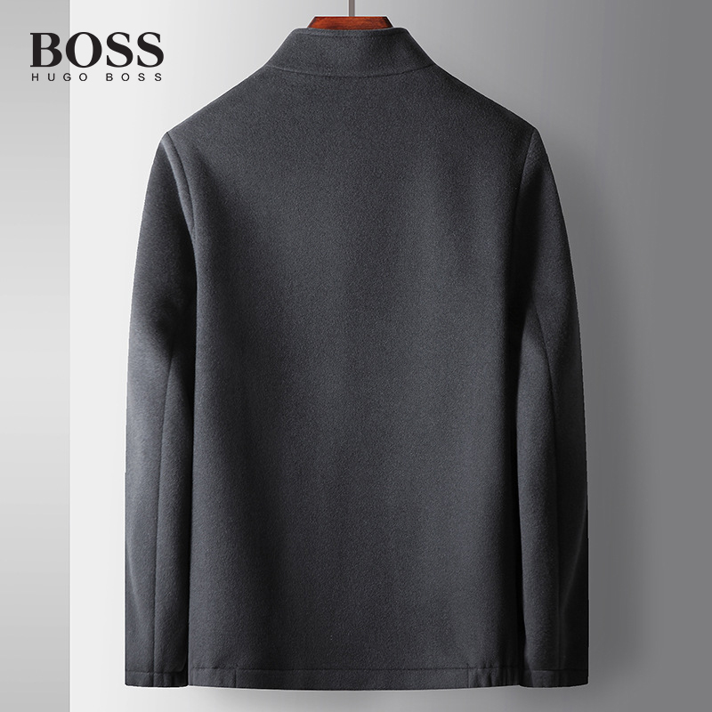 BOSS Luxury Men-s Stand Collar Detachable Handmade Wool Goose Down Lining Reversible Wool Casual Jacket