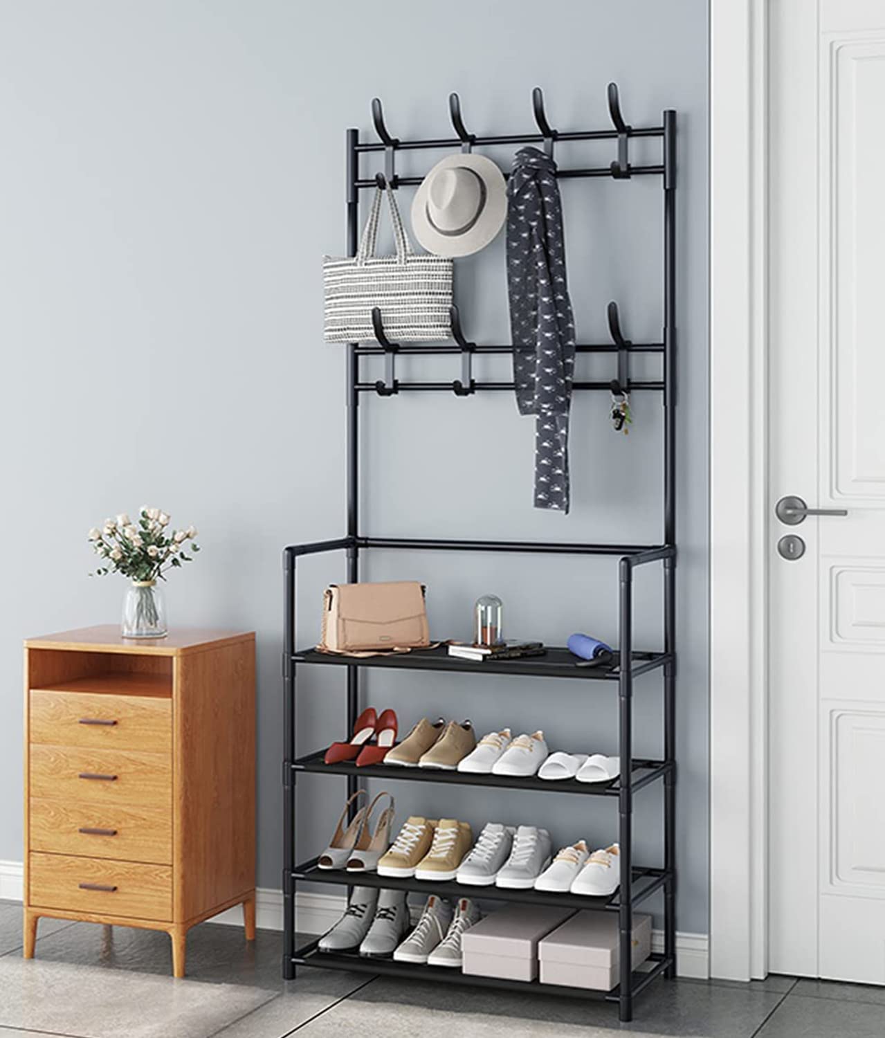 Multifunctional 4 Layers Shoe & Coat Rack. Metal Storage Rack