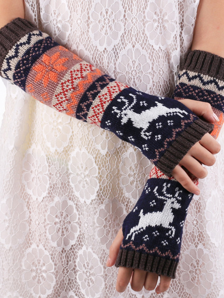 Retro Deer Snowflake Half Finger Long Gloves