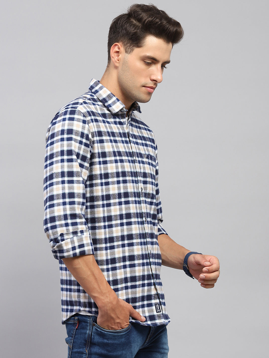 Men Navy Blue Check Collar Full Sleeve Shirt