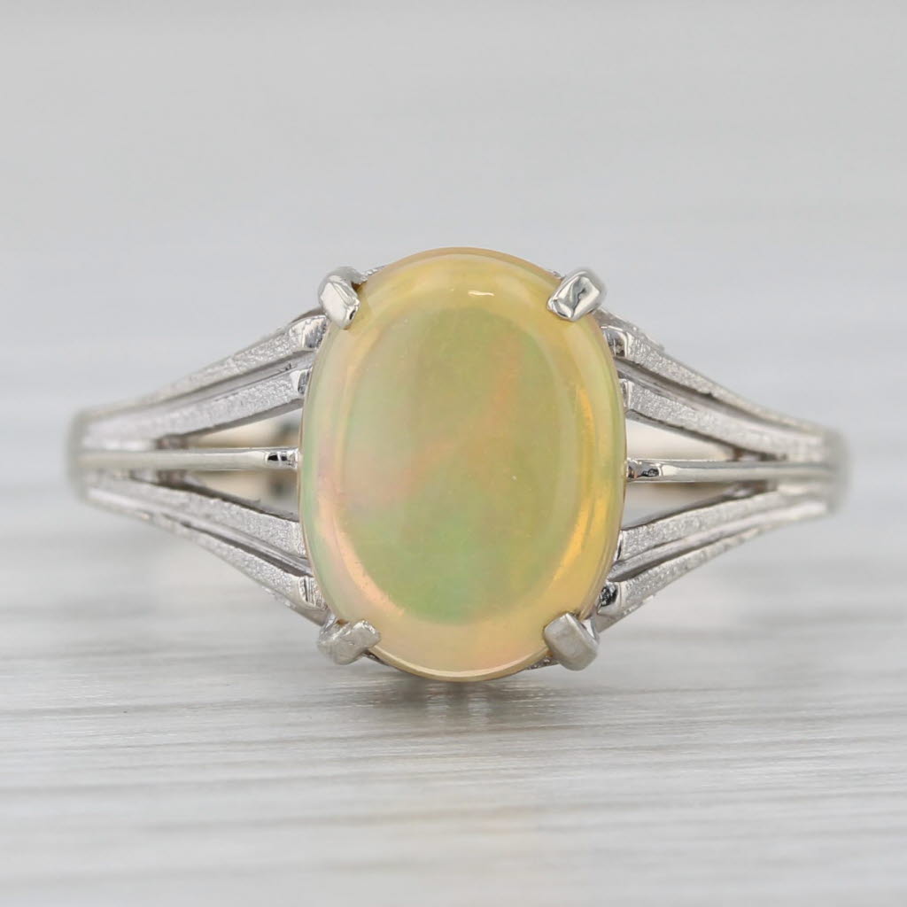 Rainbow Yellow Opal Solitaire Ring 14k White Gold Size 6.25