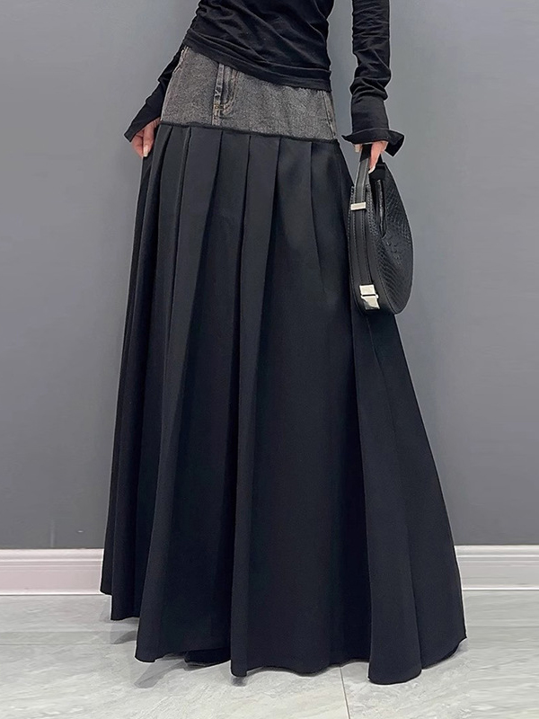 A-Line High Waisted Contrast Color Pleated Split-Joint Skirts Bottoms