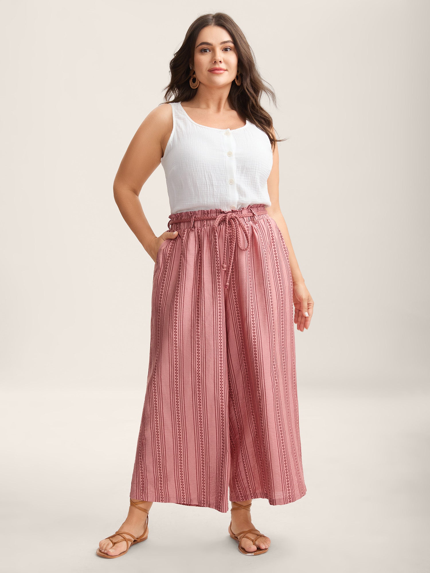Stripe Print Drawstring Wide-Leg Pants