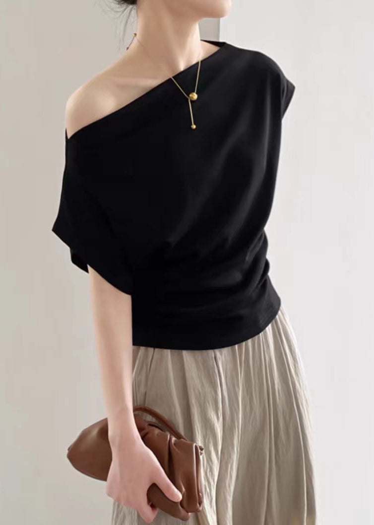 Women Black Slash Neck Solid Cotton T Shirt Summer
