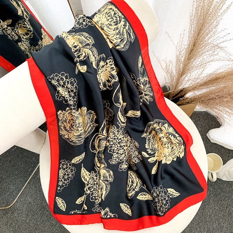 Women's Casual Elegant Printing Rose Satin Printing And Dyeing Printing Floral Silk Scarf Scarf