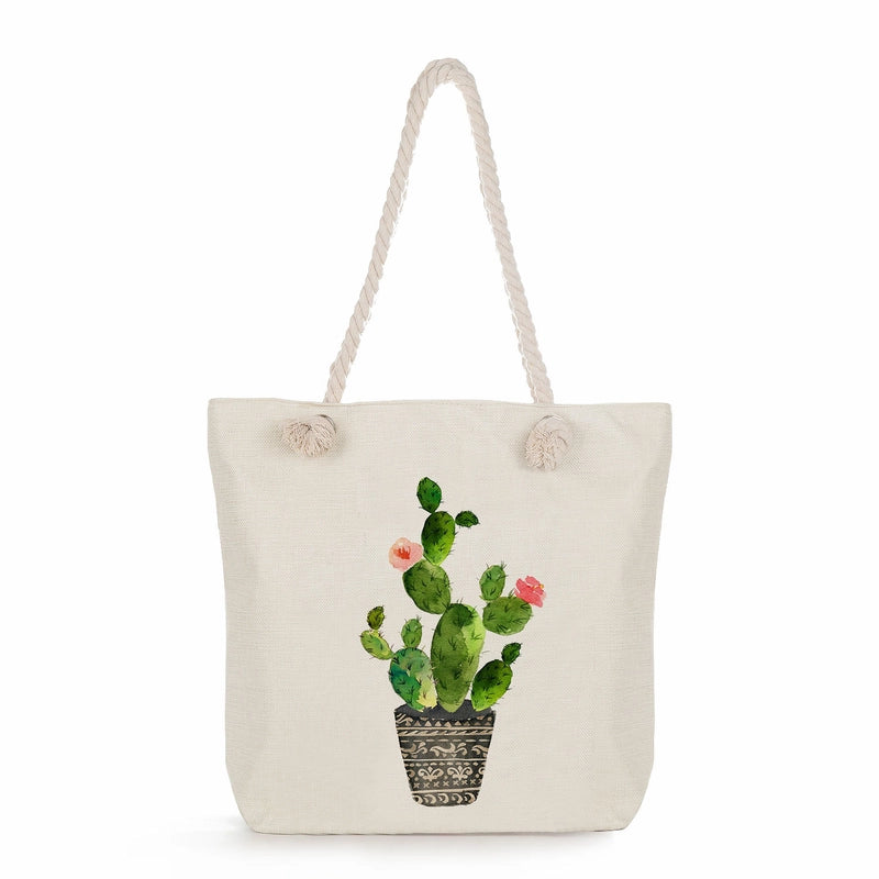 Women's Medium Linen Cactus Vacation Classic Style Square Zipper Tote Bag Beach Bag