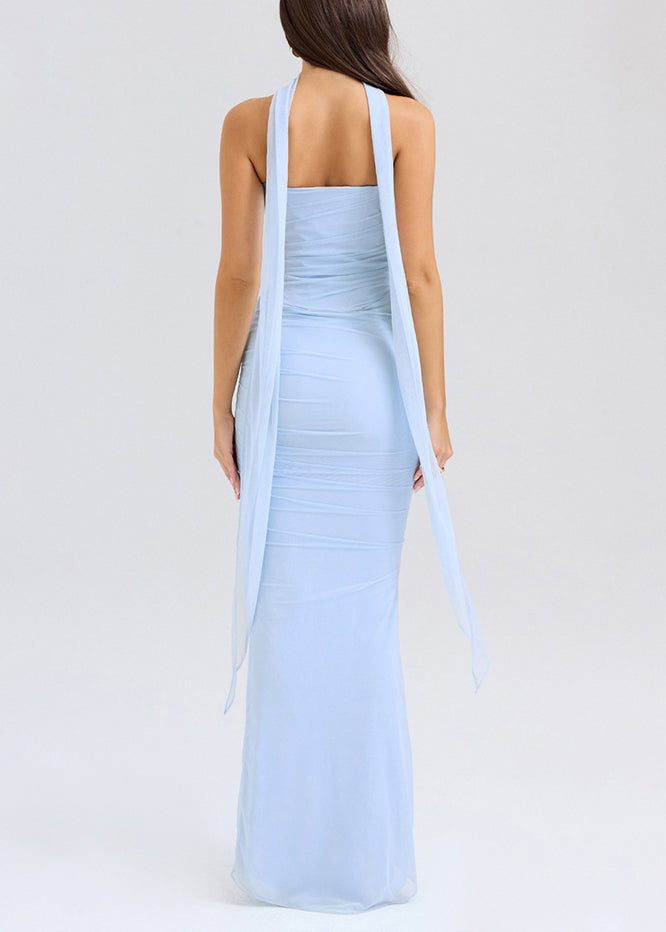 Slim Fit Blue Strapless Tops And Skirts Tulle Two Pieces Set Sleeveless