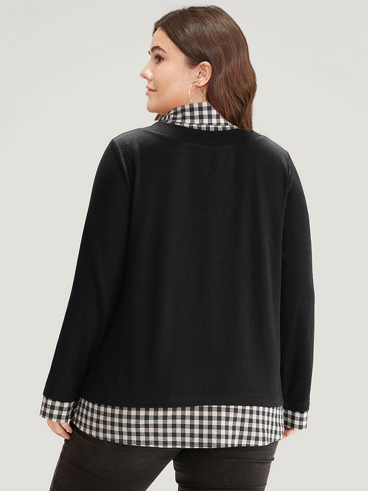 Gingham Patchwork Shirt Collar Arc Hem Sweatshirt