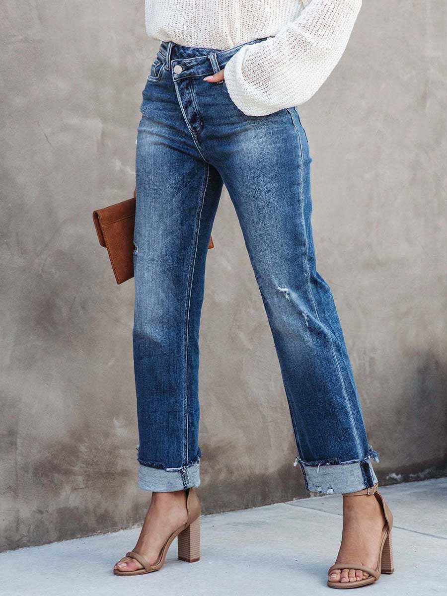 Casual Street Solid Make Old Asymmetrical Straight Denim Jeans