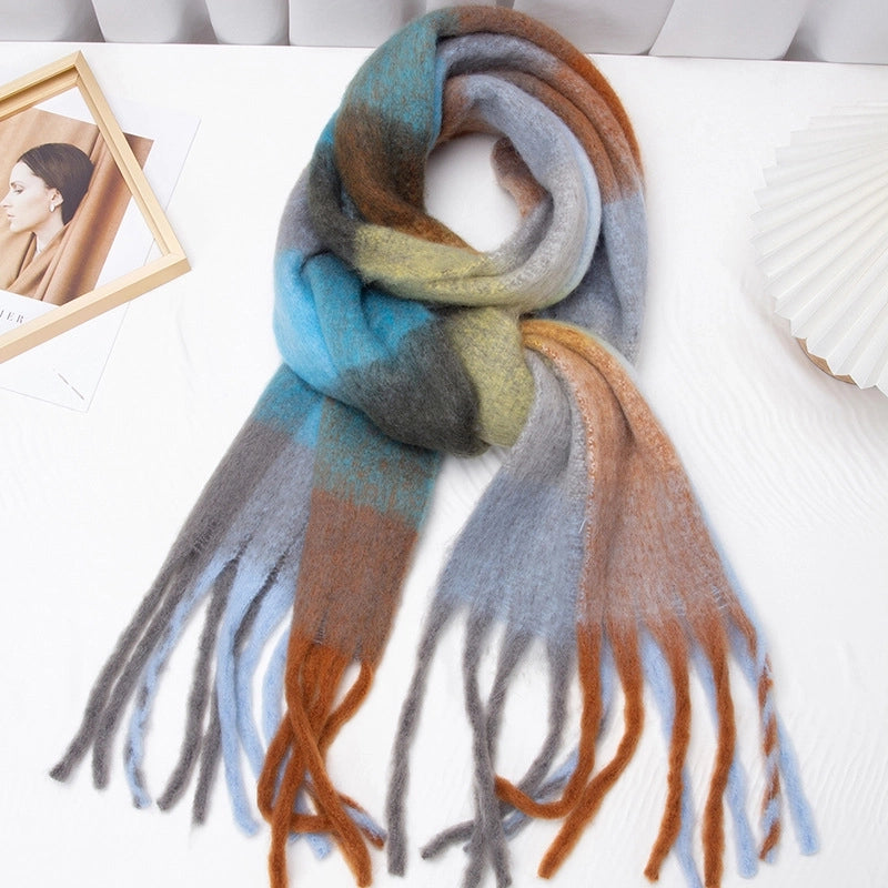 Autumn And Winter New Thick Warm Color Plaid Scarf Loop Yarn Thick Tassel Color Matching Ac Shawl Scarf Women