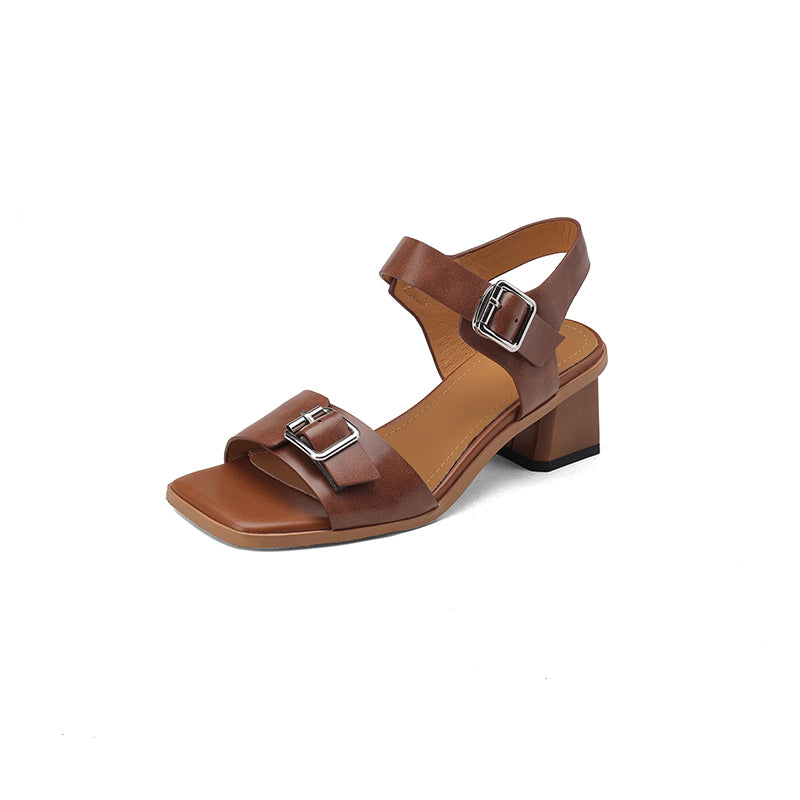 Summer Square Toe Open-Toe 50mm Block Heel Leather Sandals with Metal Buckle in Brown