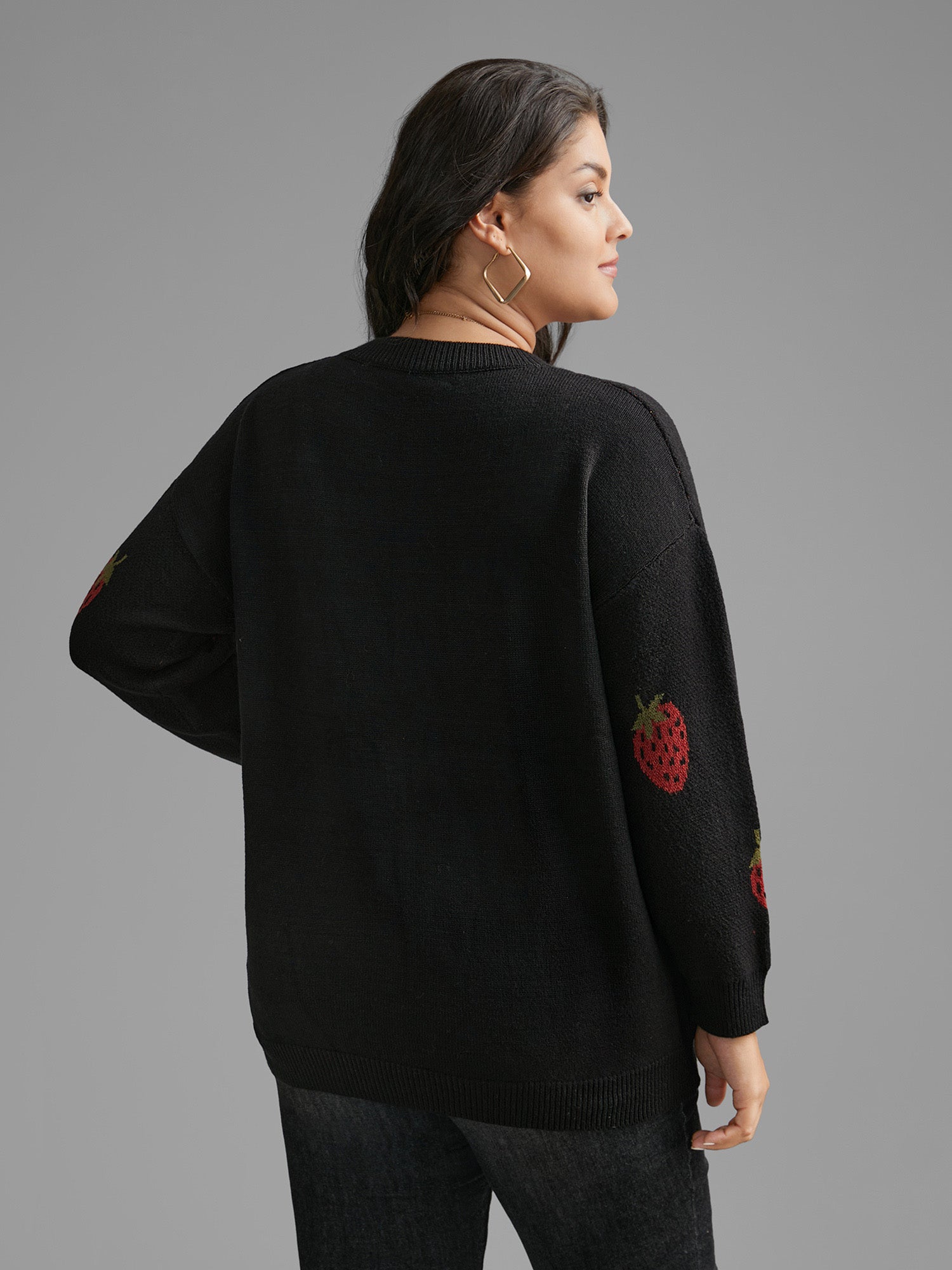 Strawberry Jacquard Drop Shoulder Sleeve Pullover