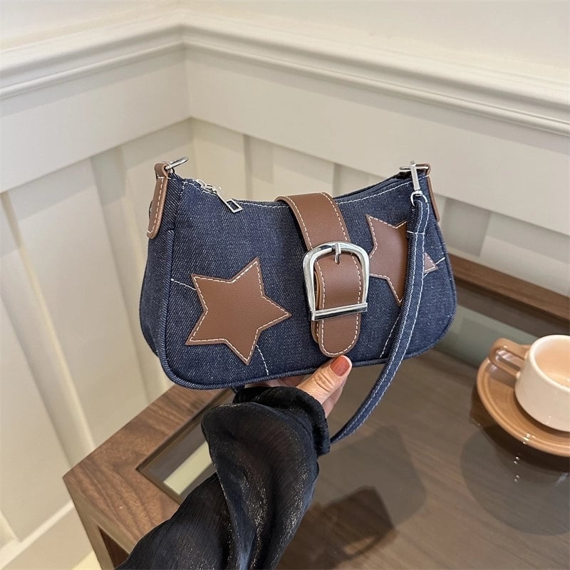 Women's Denim Star Vintage Style Buckle Underarm Bag