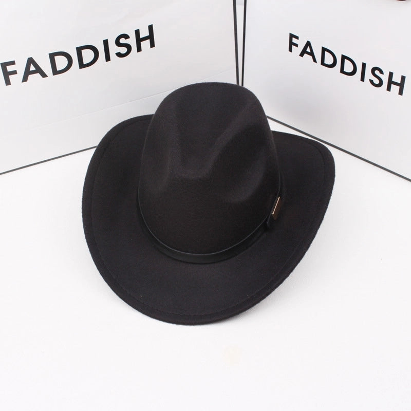 Autumn And Winter Woolen Western Cowboy Hat Retro Versatile Black Big Brim British Jazz Top Hat Stage Performance Props
