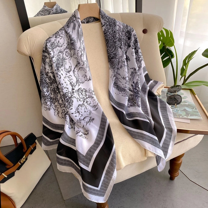 Women's Elegant Color Block Plant Satin Silk Scarf