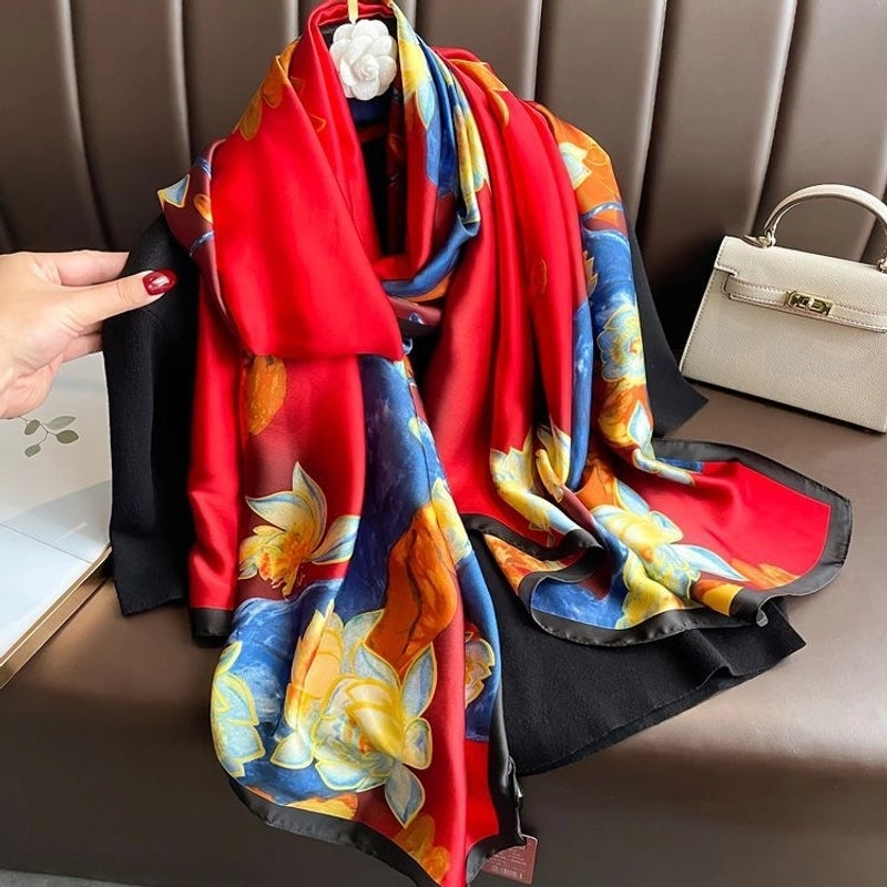Women's Fashion Letter Plaid Satin Printing Silk Scarves