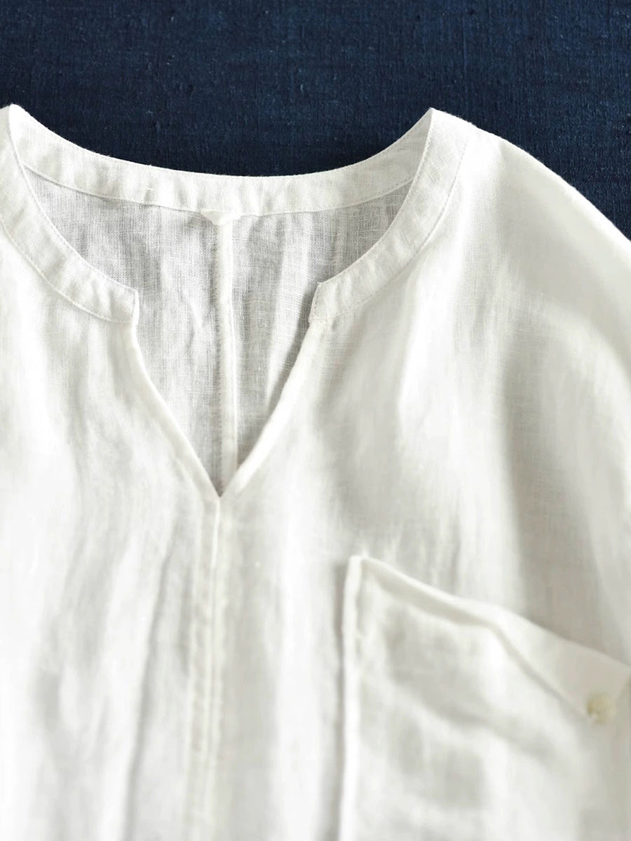 Women Summer Retro Pure Color 100%Linen V-Neck Shirt