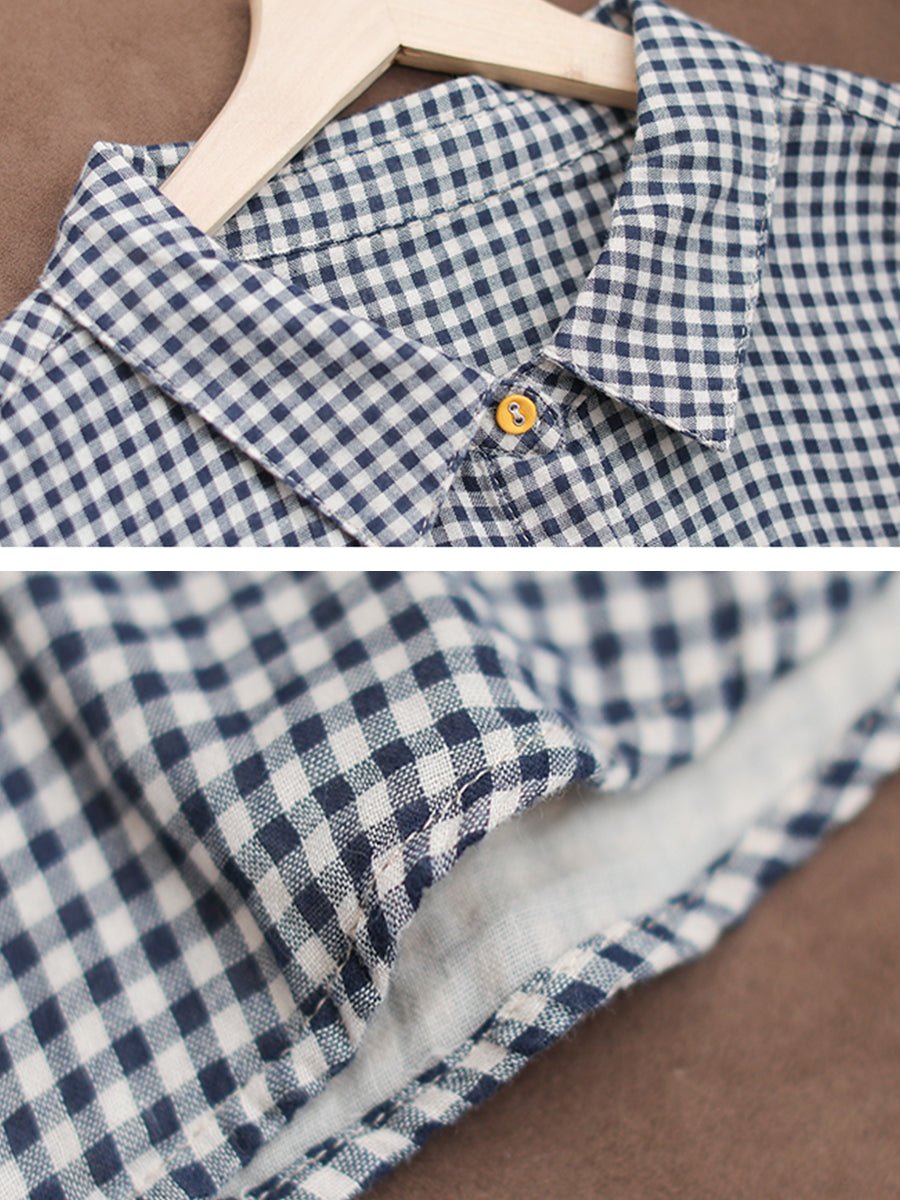 Women Summer Retro Plaid Turn-down Collar Shirt