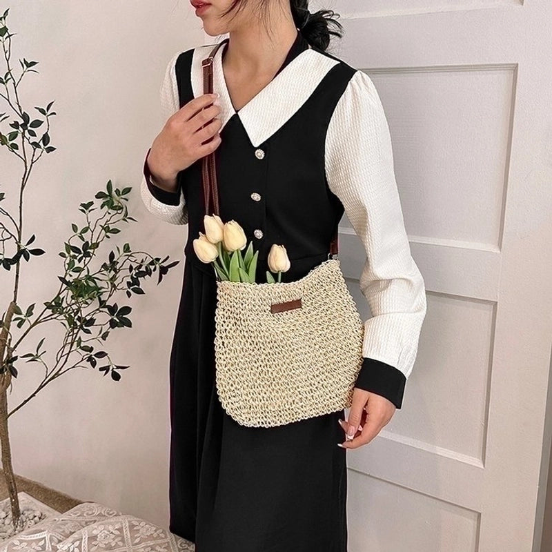 Women's Straw Solid Color Basic Vacation Square Zipper Shoulder Bag Beach Bag Straw Bag