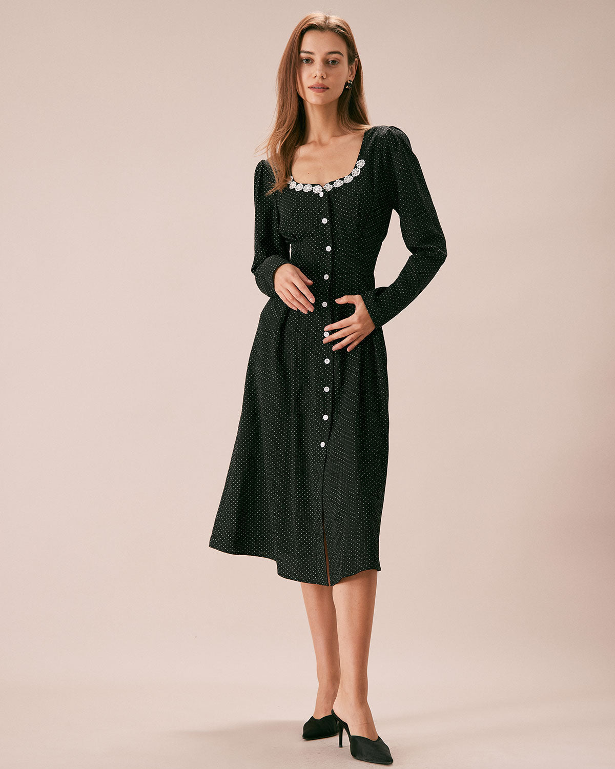 The Black U Neck Polka Dot Lace Midi Dress