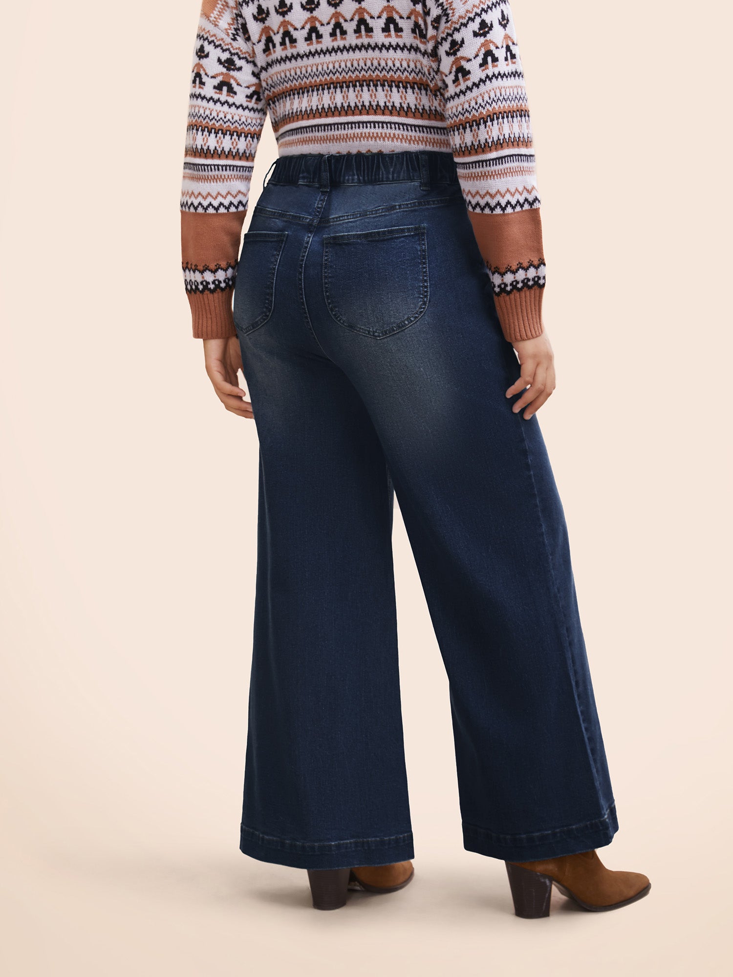 Stretch Denim Wide Leg Cut Jeans