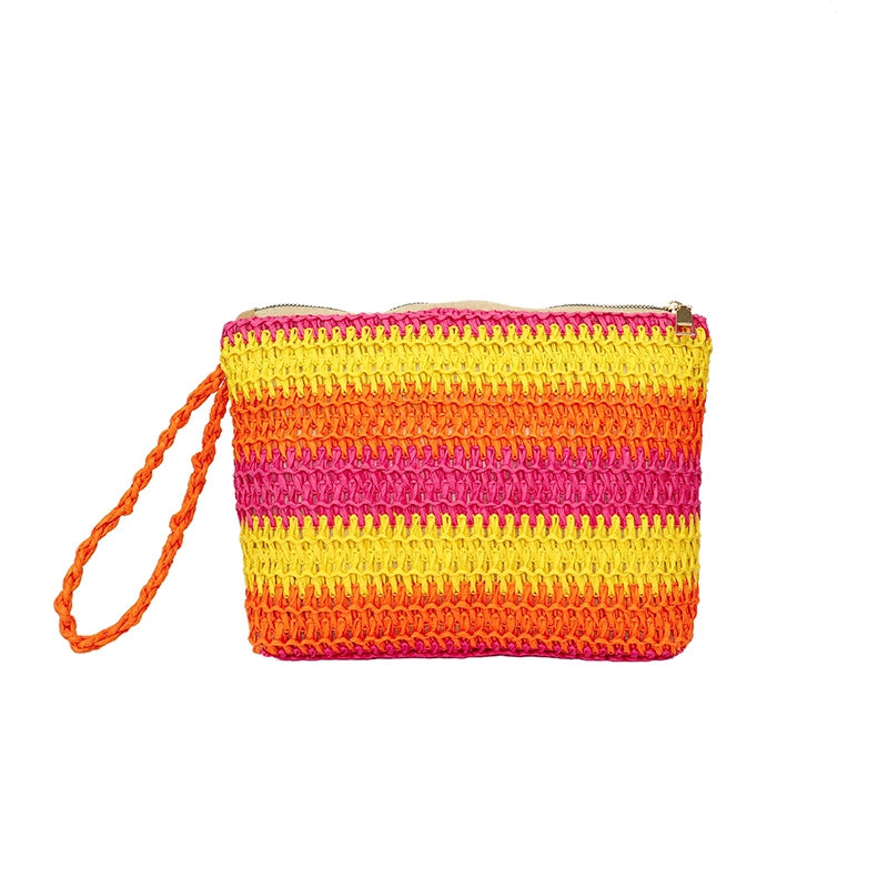 Women's Medium Straw Color Block Solid Color Basic Beach Weave Square Zipper Straw Bag