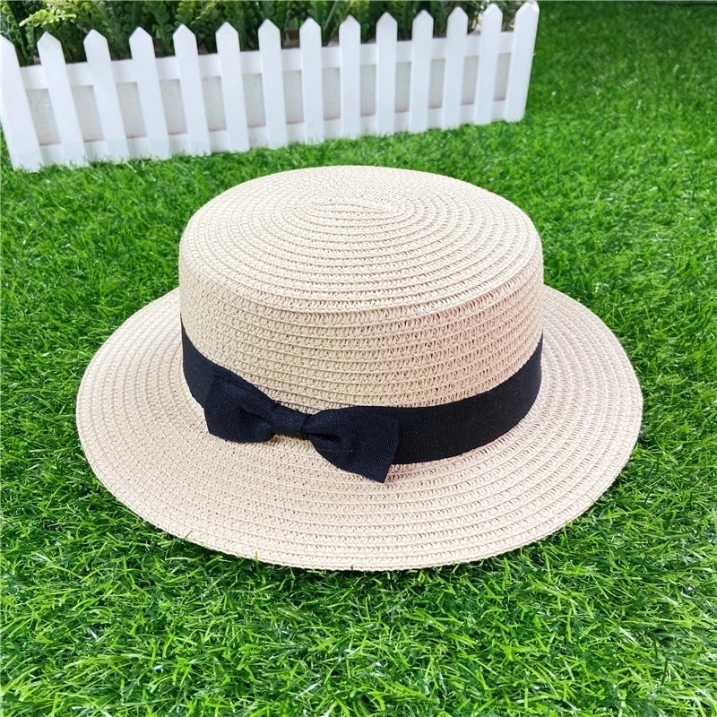 Straw Hat Shading Hat Summer Flat-brimmed Bow Straw Flat Top Hat
