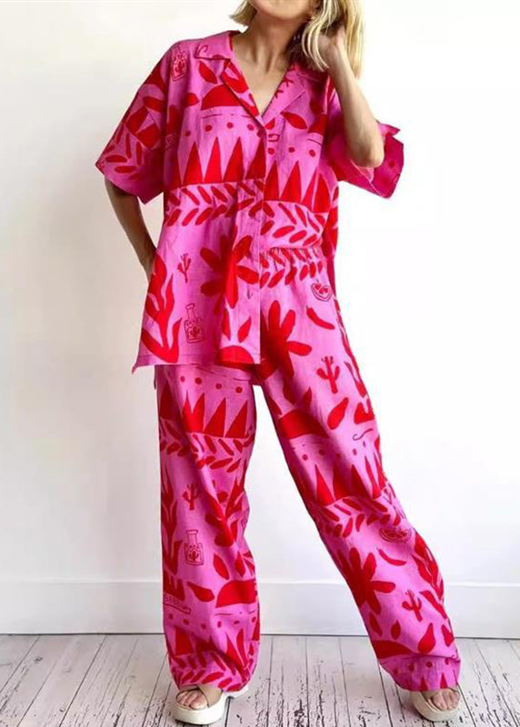 Plus Size Rose Print Shirts And Wide Leg Pants Two Pieces Set Short Sleeve