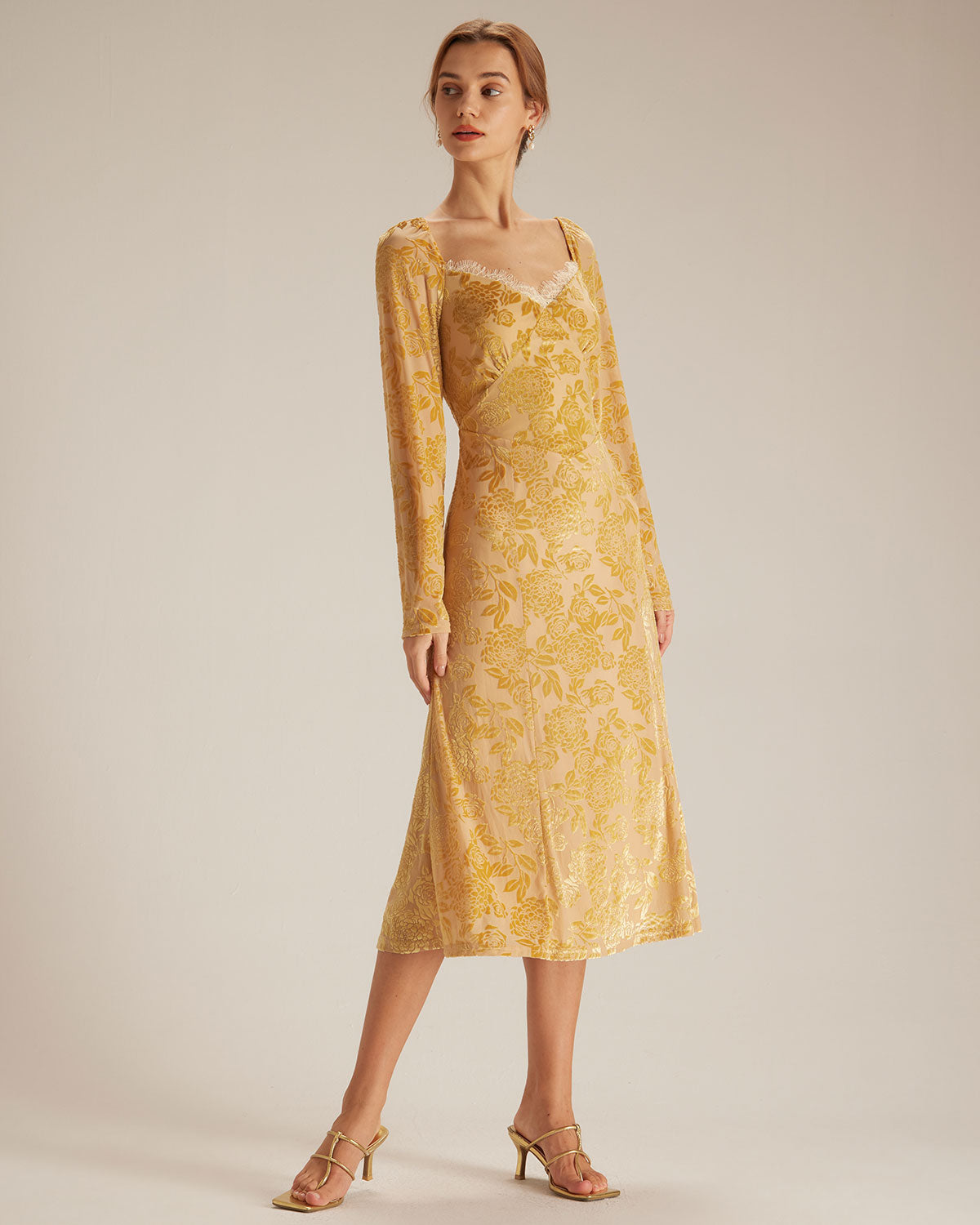 The Yellow Lace Trim Floral Burnout Midi Dress