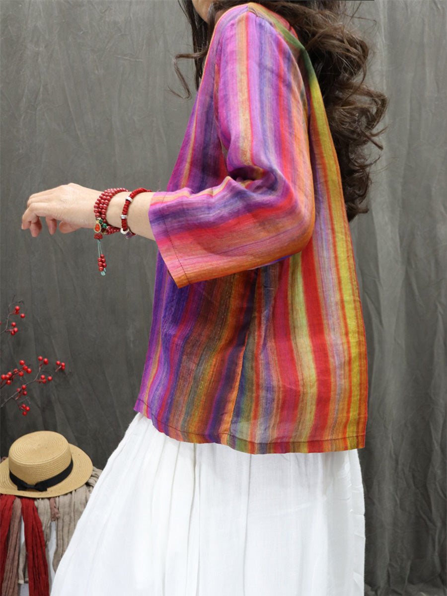 Women Summer Ethnic Stand Collar Flower 100%Ramie Shirt