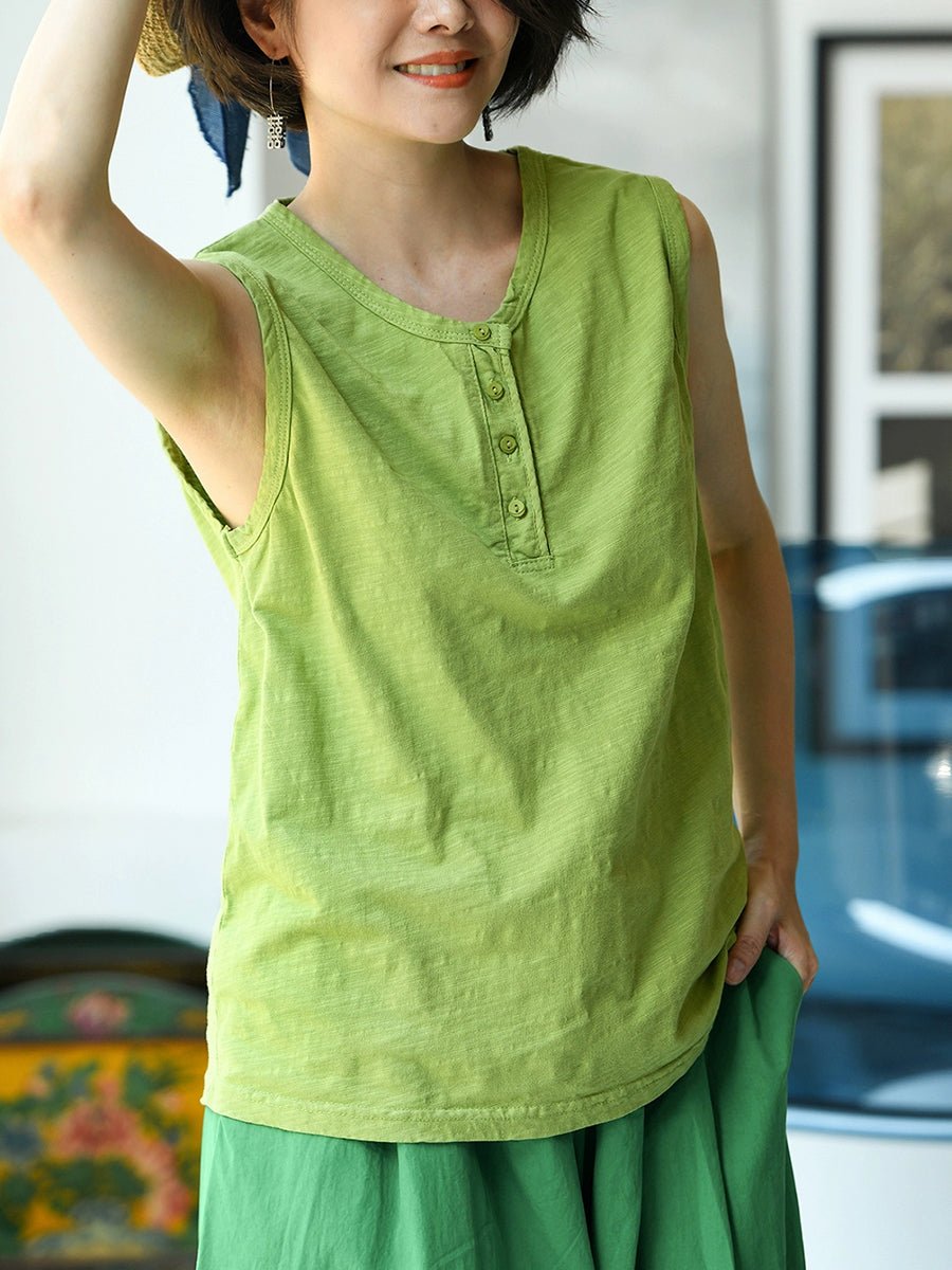 Women Summer Pure Color O-Neck 100%Cotton Vest
