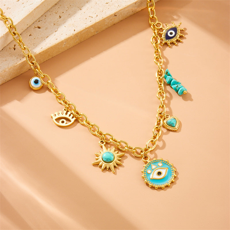 Fashion Colorful Dopamine Oil Drop Rainbow Flower Accessories Pendant Eye Butterfly Chain Stainless Steel Necklace