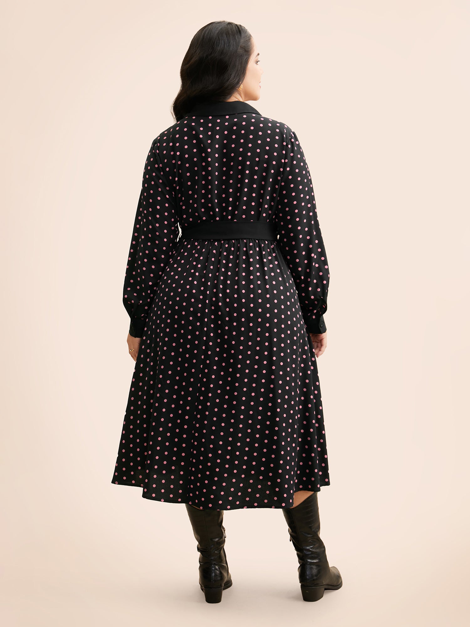 Polka Dot Suit Collar Belted Dress