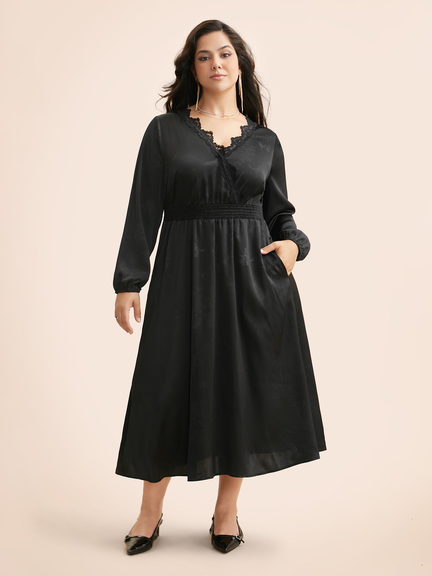 Overlap Collar Textured Shirred Lace Trim Dress