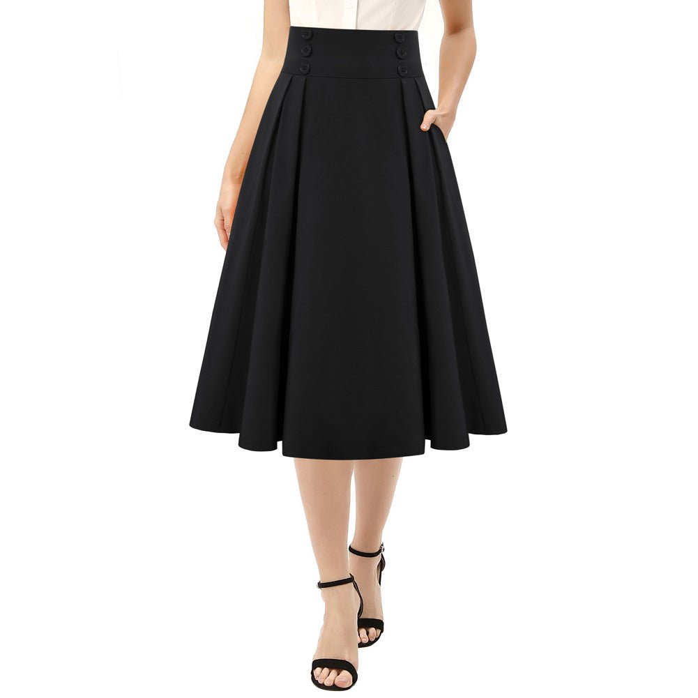 Leaf Patterns Pleated Buttons Decorated Elastic Waist High Waist Swing A-Line Skirt with Pockets