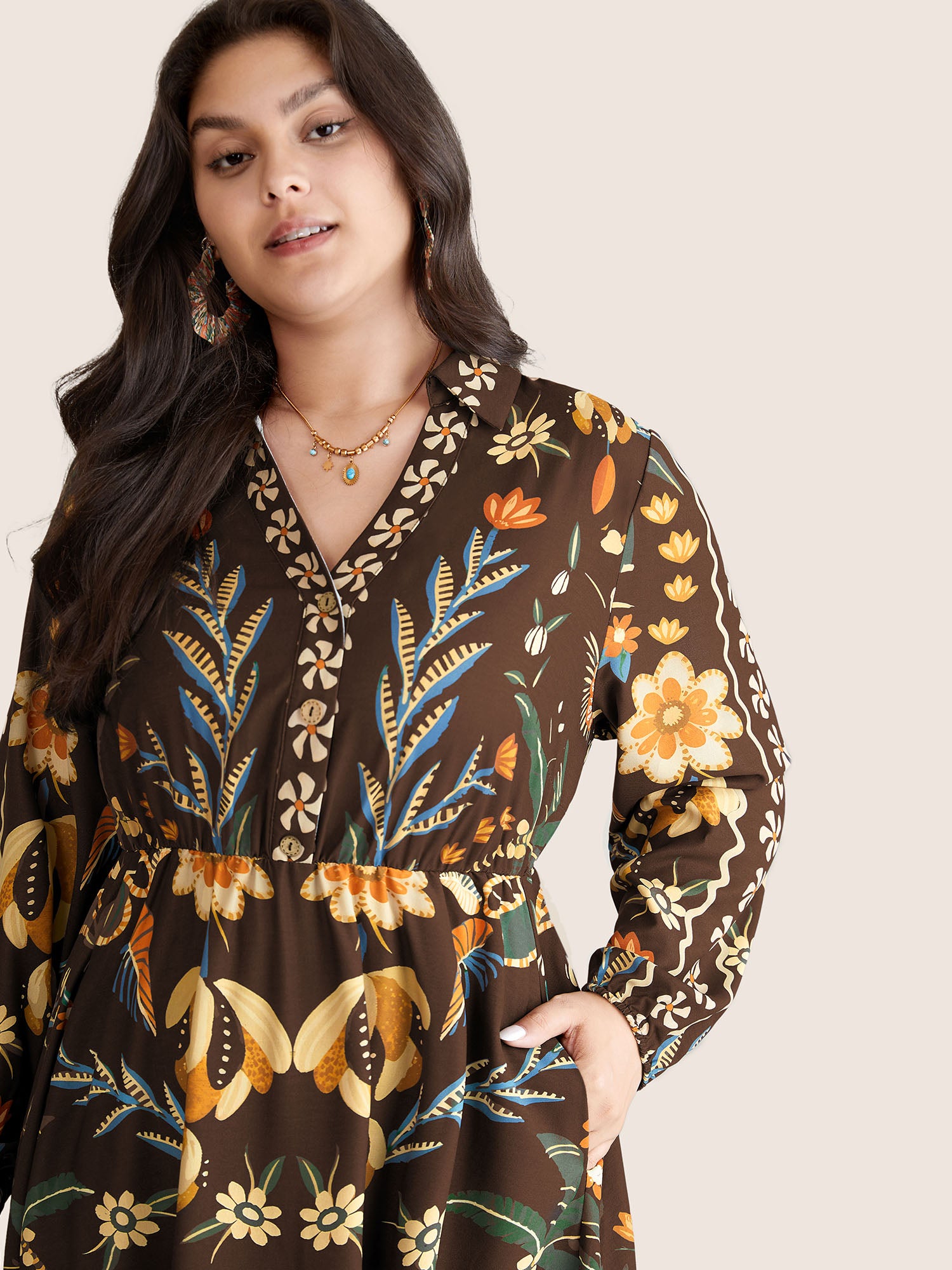 Bandana Print Pocket Lapel Collar Elastic Cuffs Dress