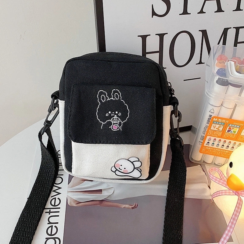 Women's Small Canvas Animal Color Block Basic Preppy Style Square Zipper Shoulder Bag Canvas Bag Crossbody Bag