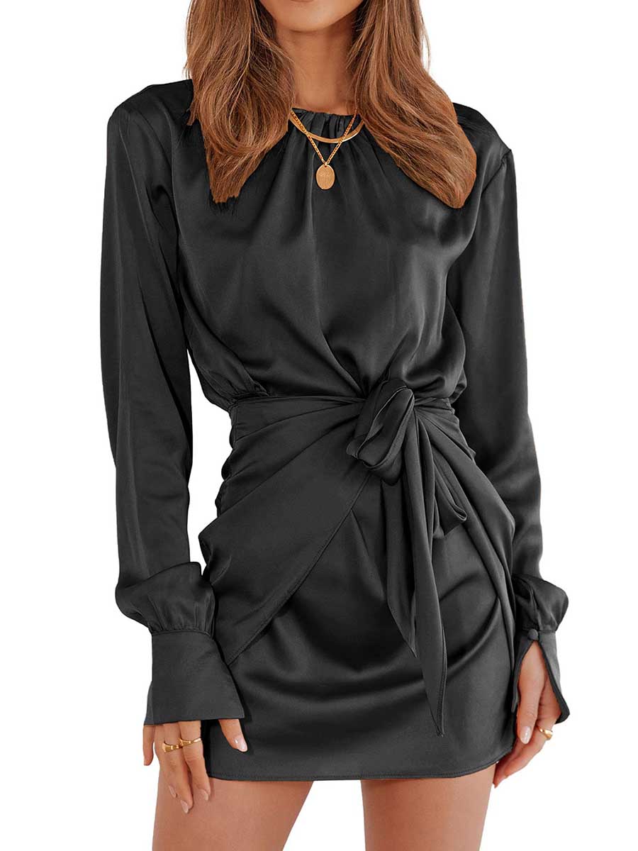 Long Sleeve Round Neck Tie Dress
