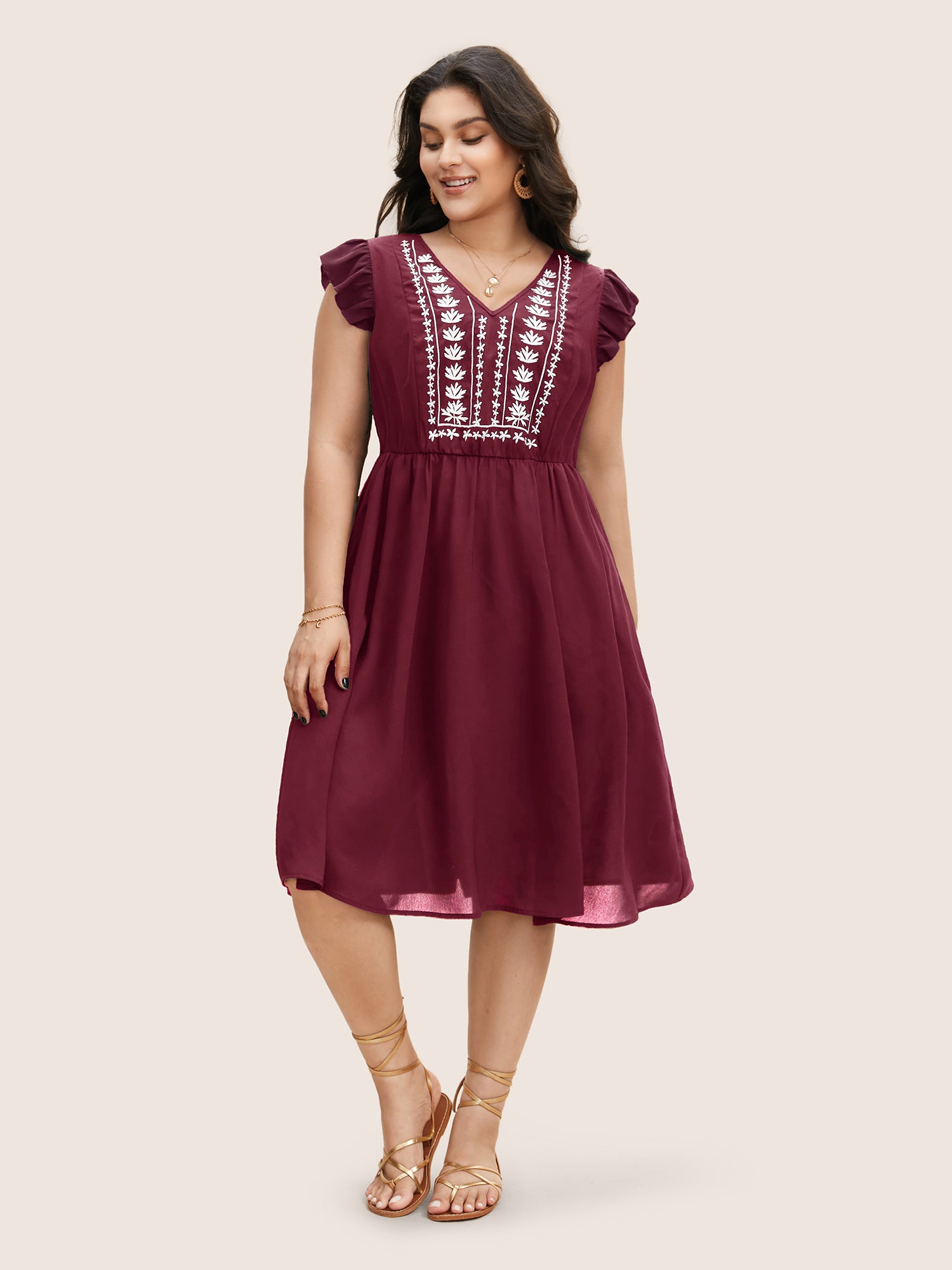 Floral Embroidered V Neck Ruffle Cap Sleeve Dress