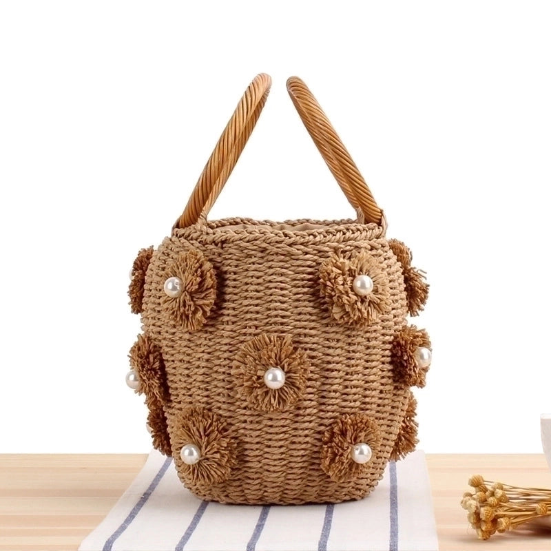 New Hand-carried Hand-woven Flower Pearl Bucket Straw Woven Bag 19*14*12cm