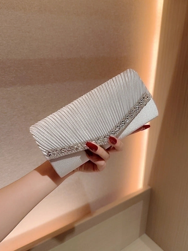 Apricot Silver Polyester Solid Color Rhinestone Square Evening Bags