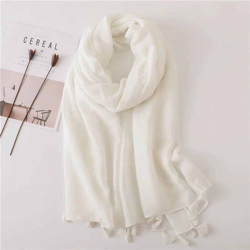 Solid Color Nude Powder Shiny Tassel Cotton Linen Scarf Shawl Long Scarf Silk Sunscreen Shawl