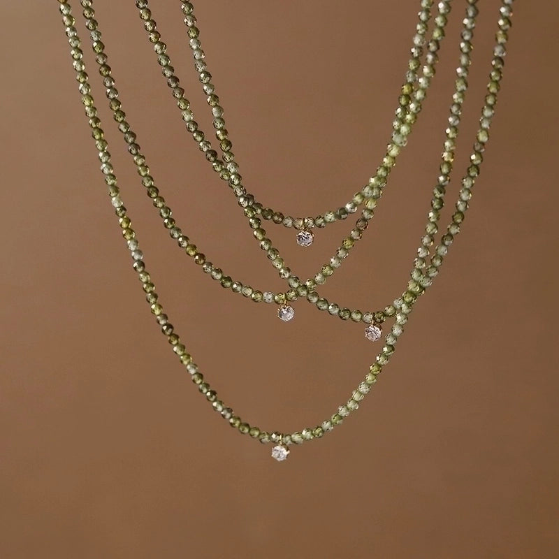 304 Stainless Steel Beaded 18K Gold Plated Minimalist Commute Inlay Round Zircon Pendant Necklace